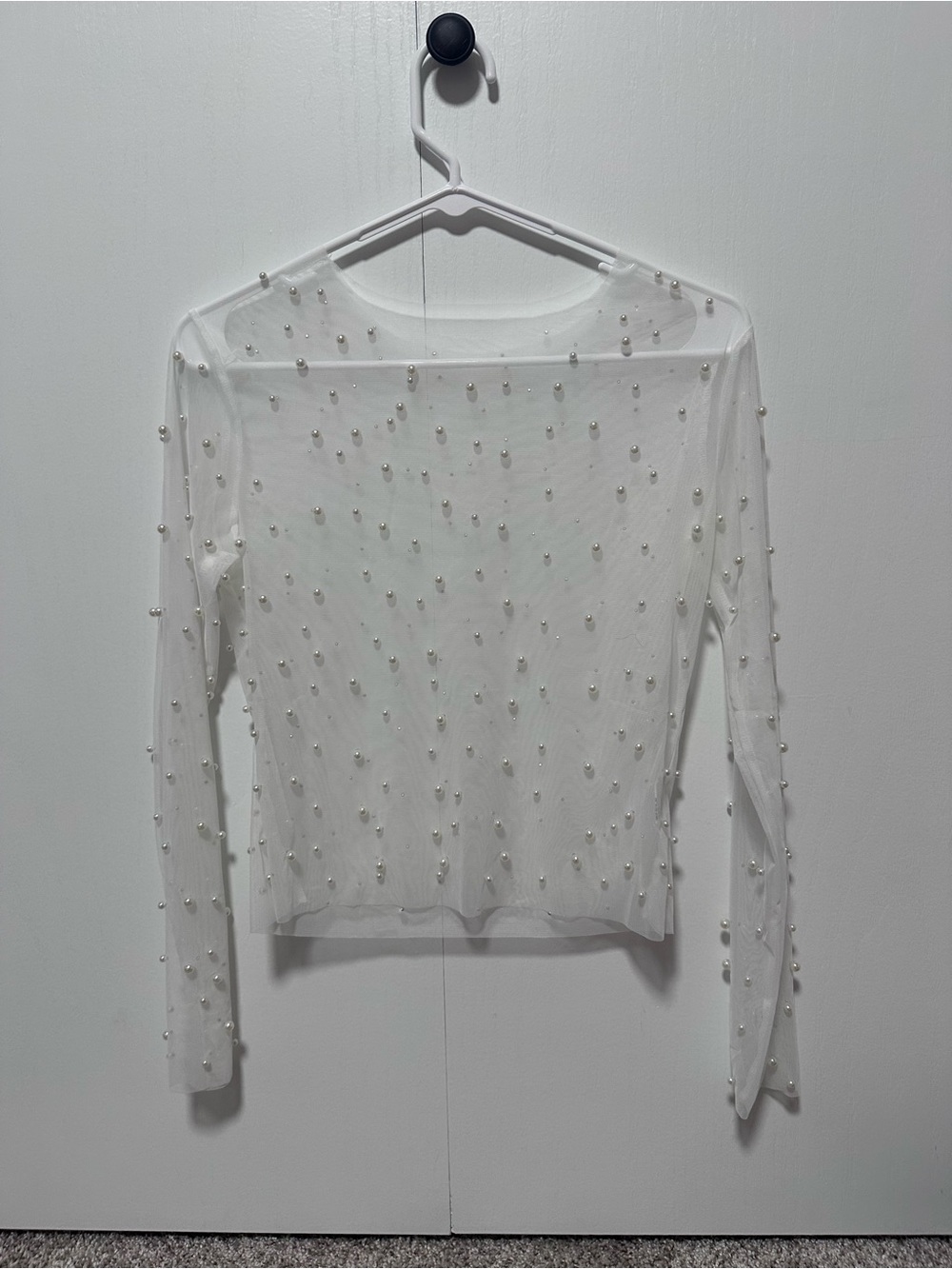 Sheer Pearl-Embellished Long Sleeve Top - White